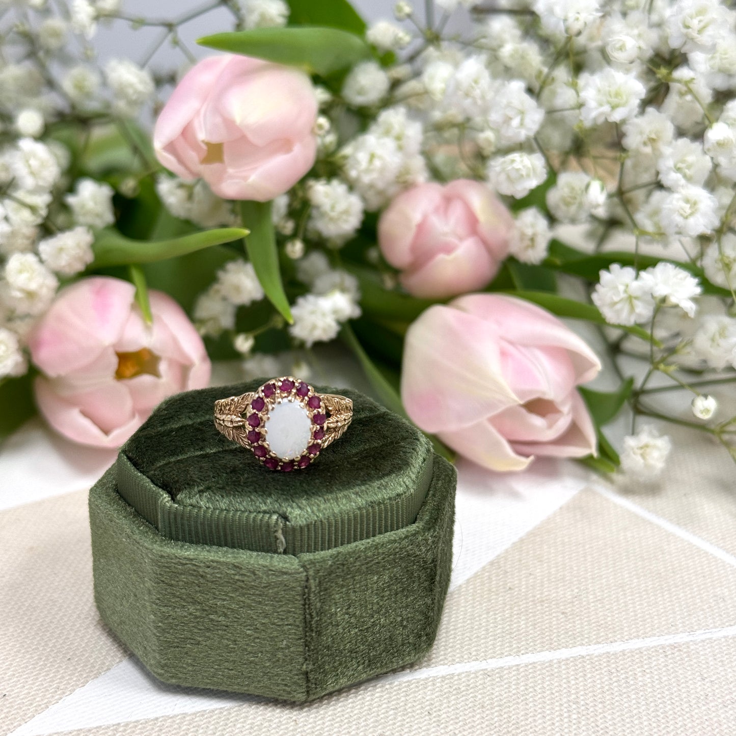 Victorian Style Opal and Ruby Halo Ring