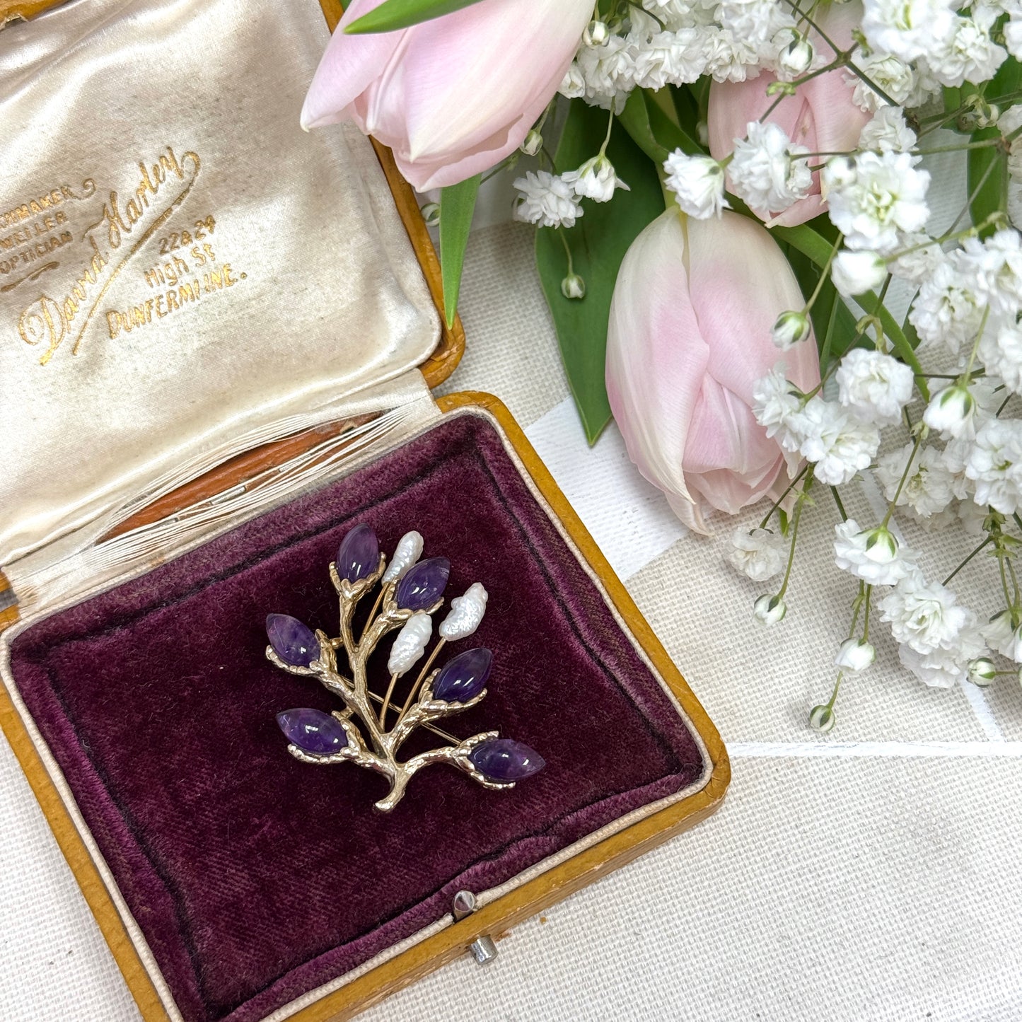 Amethyst and Rice Pearl Floral Brooch