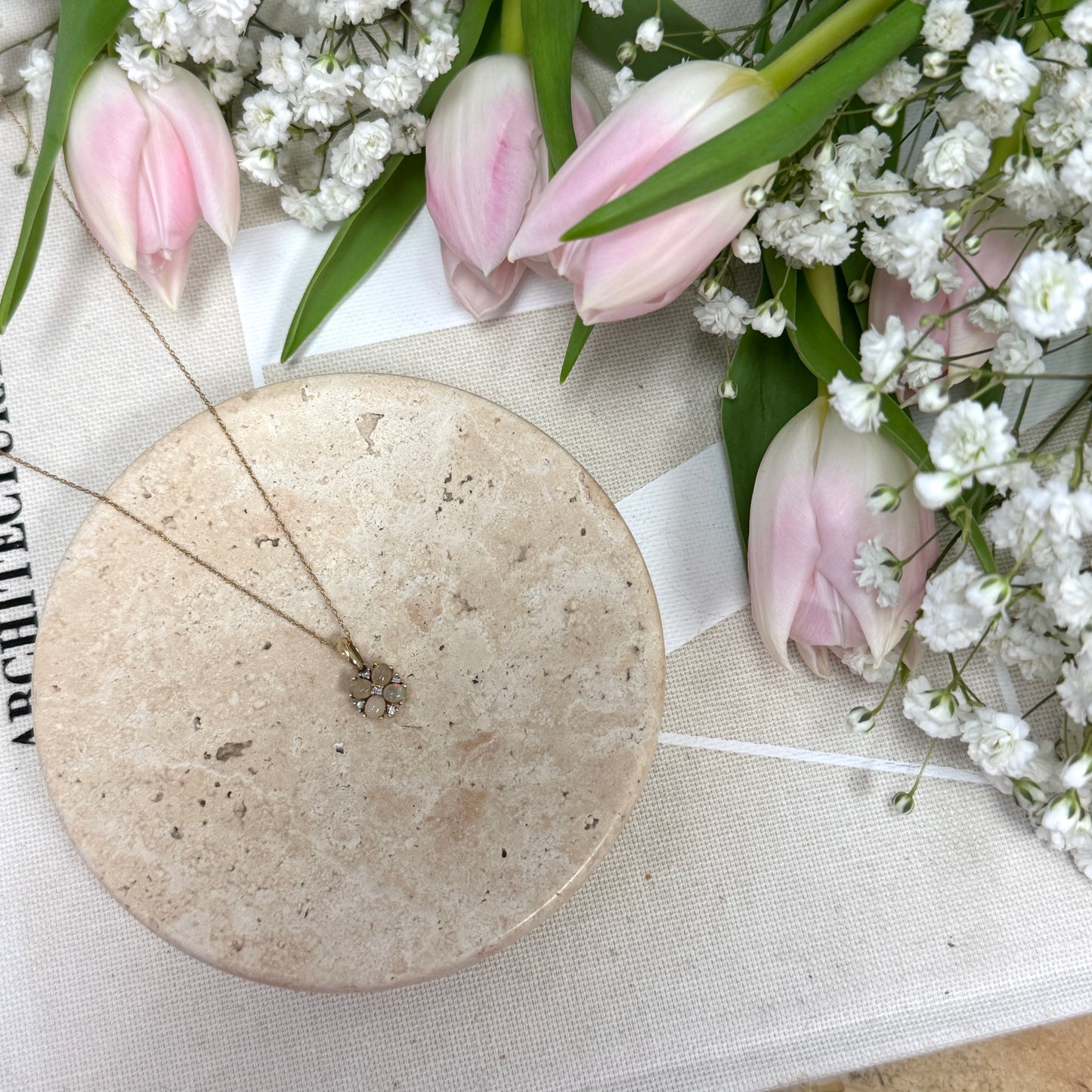 Dainty Opal and Diamond Flower Pendant