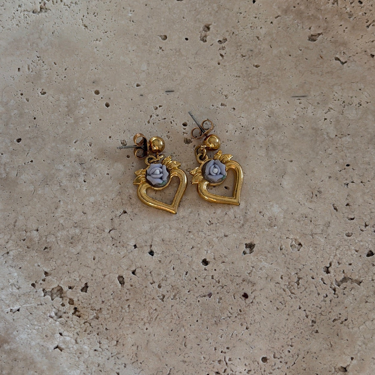 Heart Drop Push Back Earrings With Floral Accents