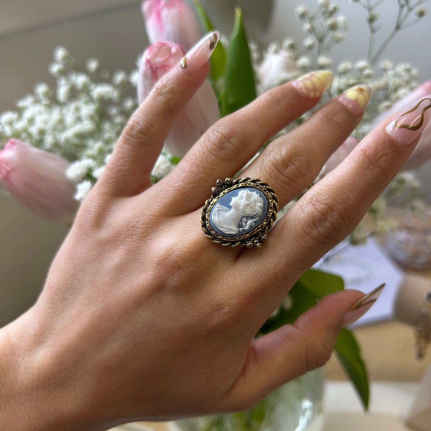Blue Resin Cameo Cocktail Ring