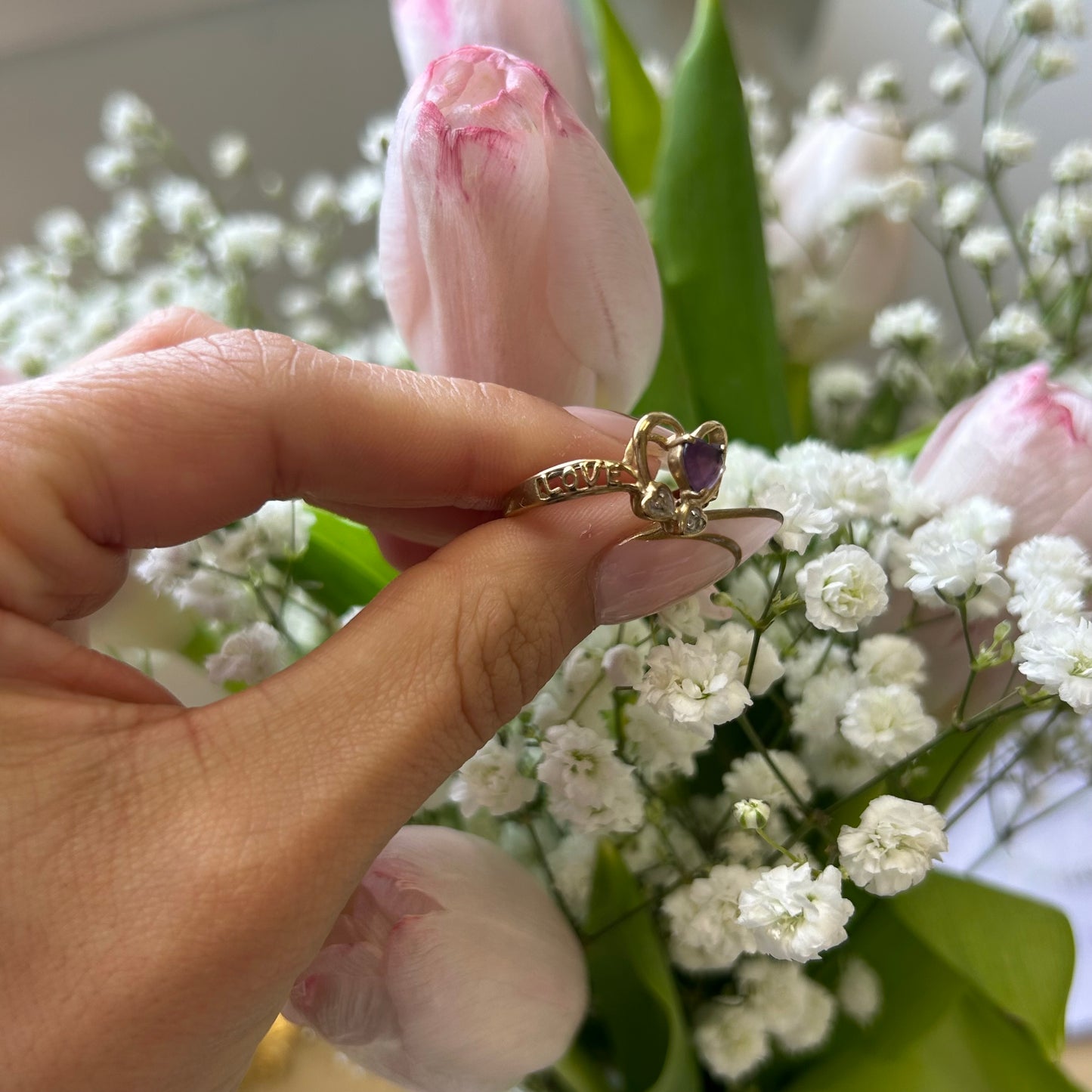 "I LOVE YOU" Amethyst Heart Ring