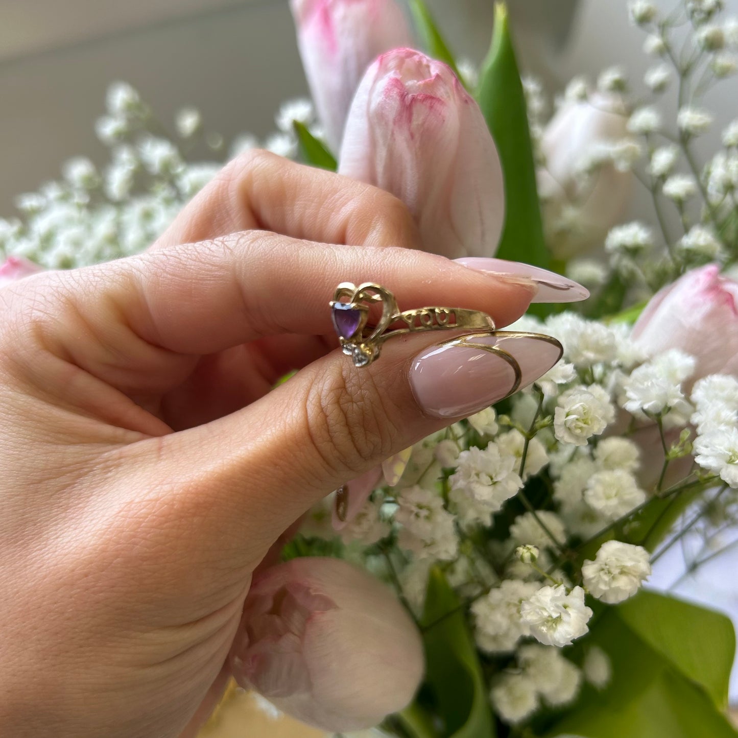 "I LOVE YOU" Amethyst Heart Ring