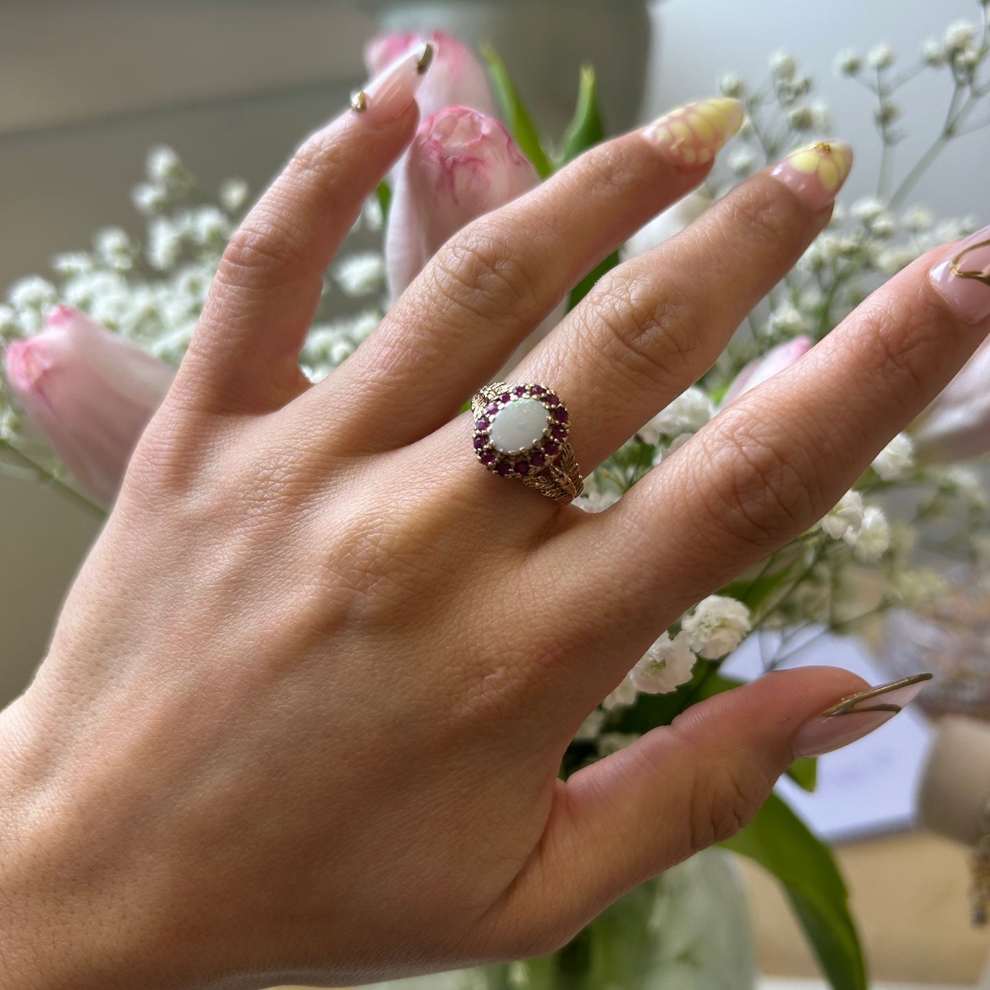 Victorian Style Opal and Ruby Halo Ring