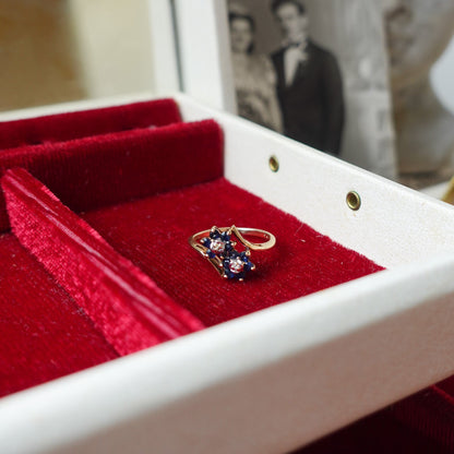 10k Stacked Sapphire Flower Ring with Diamond Chip Center