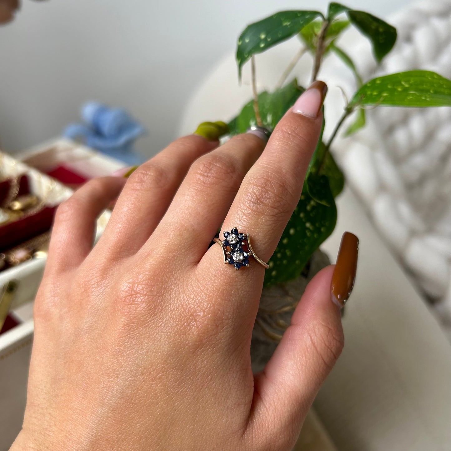 10k Stacked Sapphire Flower Ring with Diamond Chip Center