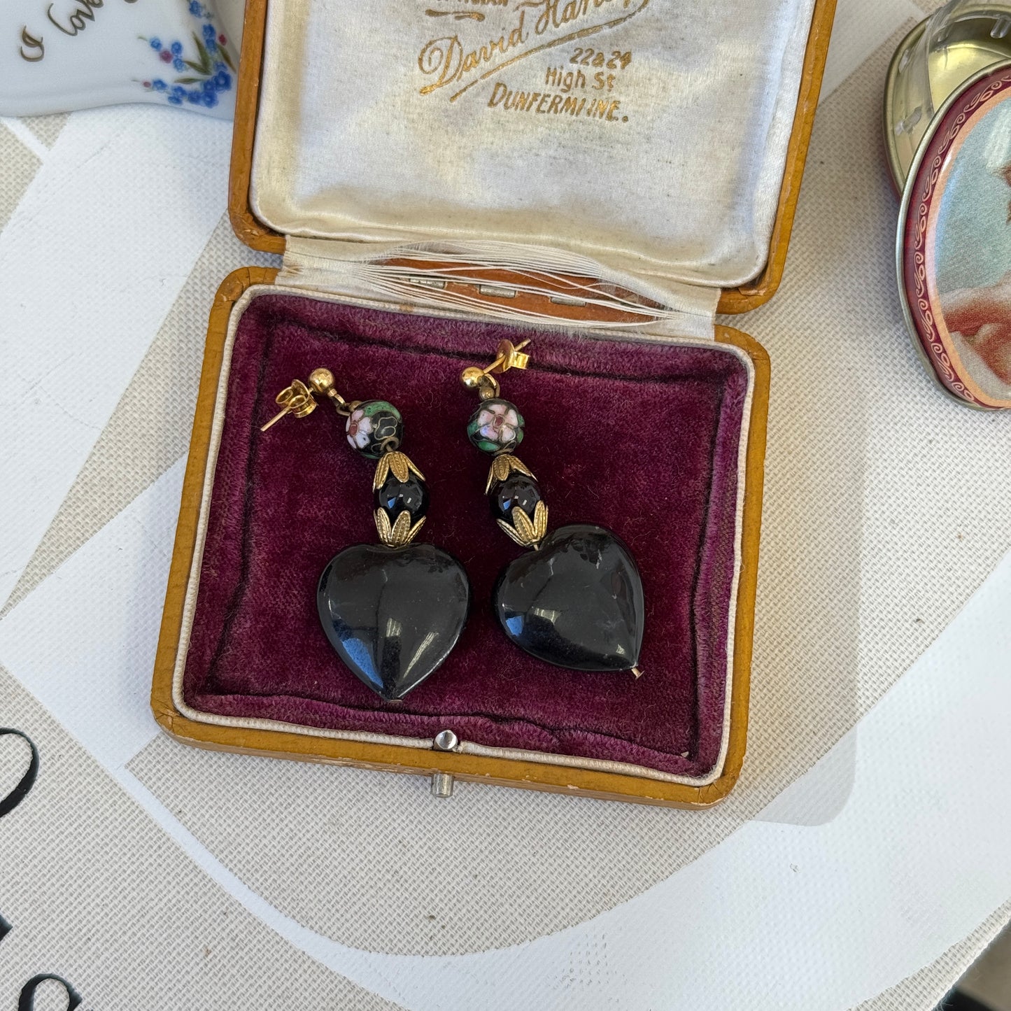 ONYX STONE CLOISONNÉ HEART DROP EARRINGS