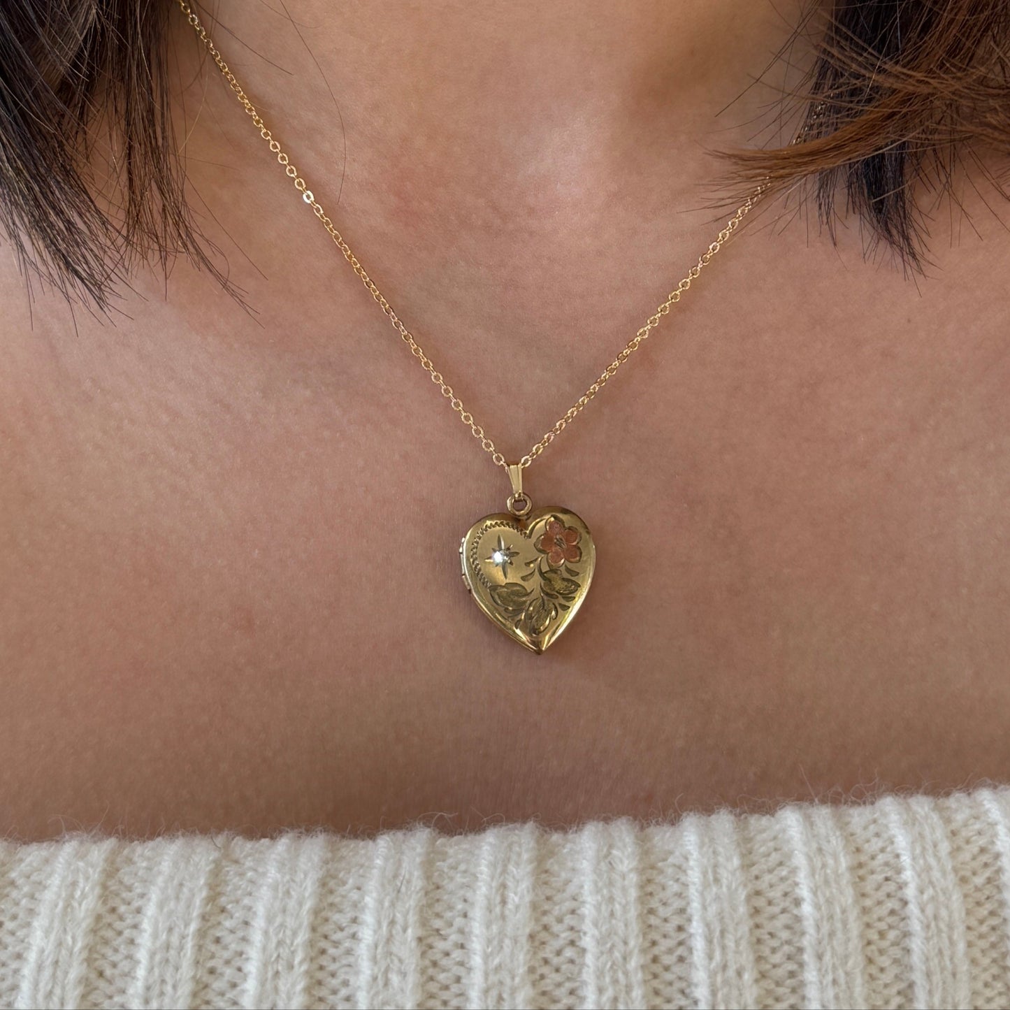 GOLD FILLED HEART LOCKET WITH FLORAL PAINTING