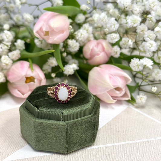 Victorian Style Opal and Ruby Halo Ring