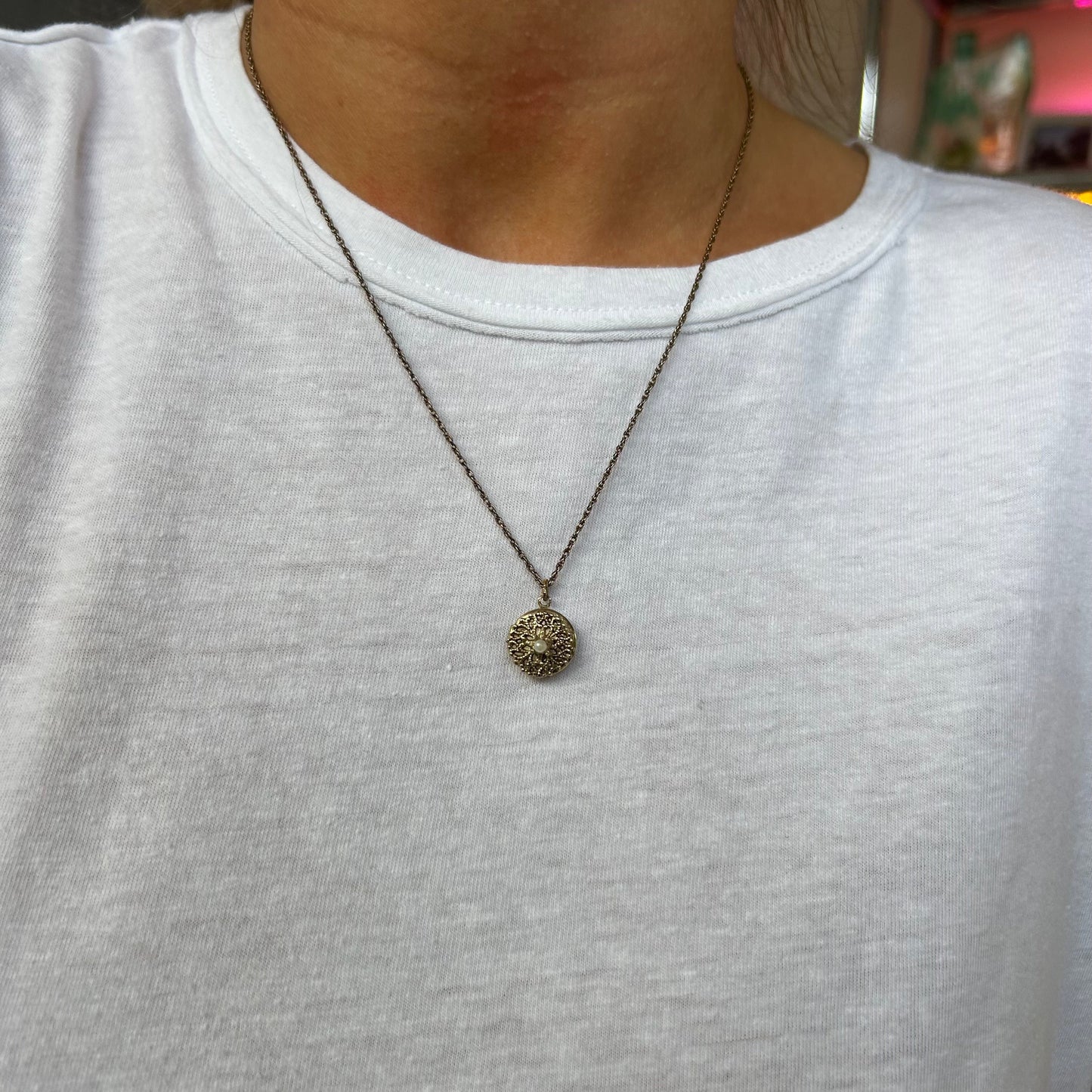 Raised Pearl Filigree Gold Filled Tiny Locket