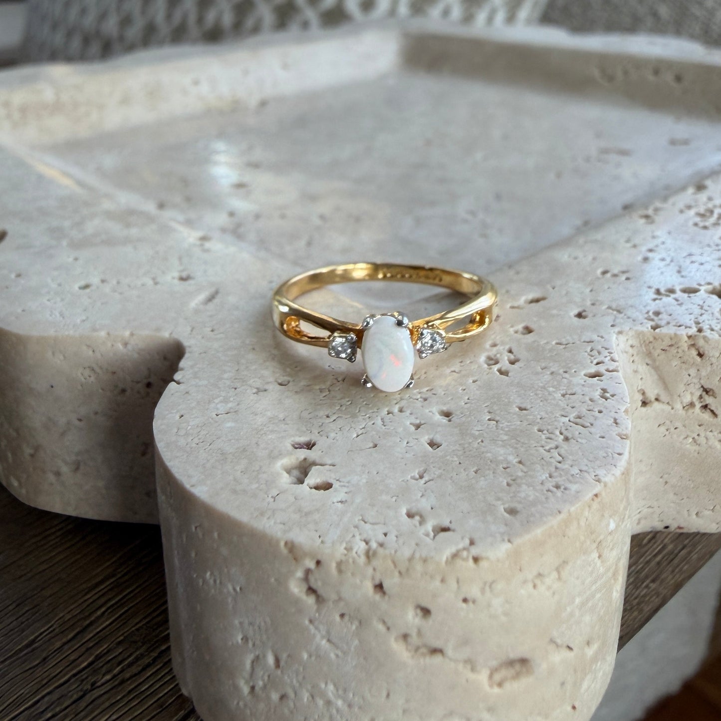 Opalite Gold Tone Ring With CZ Accents