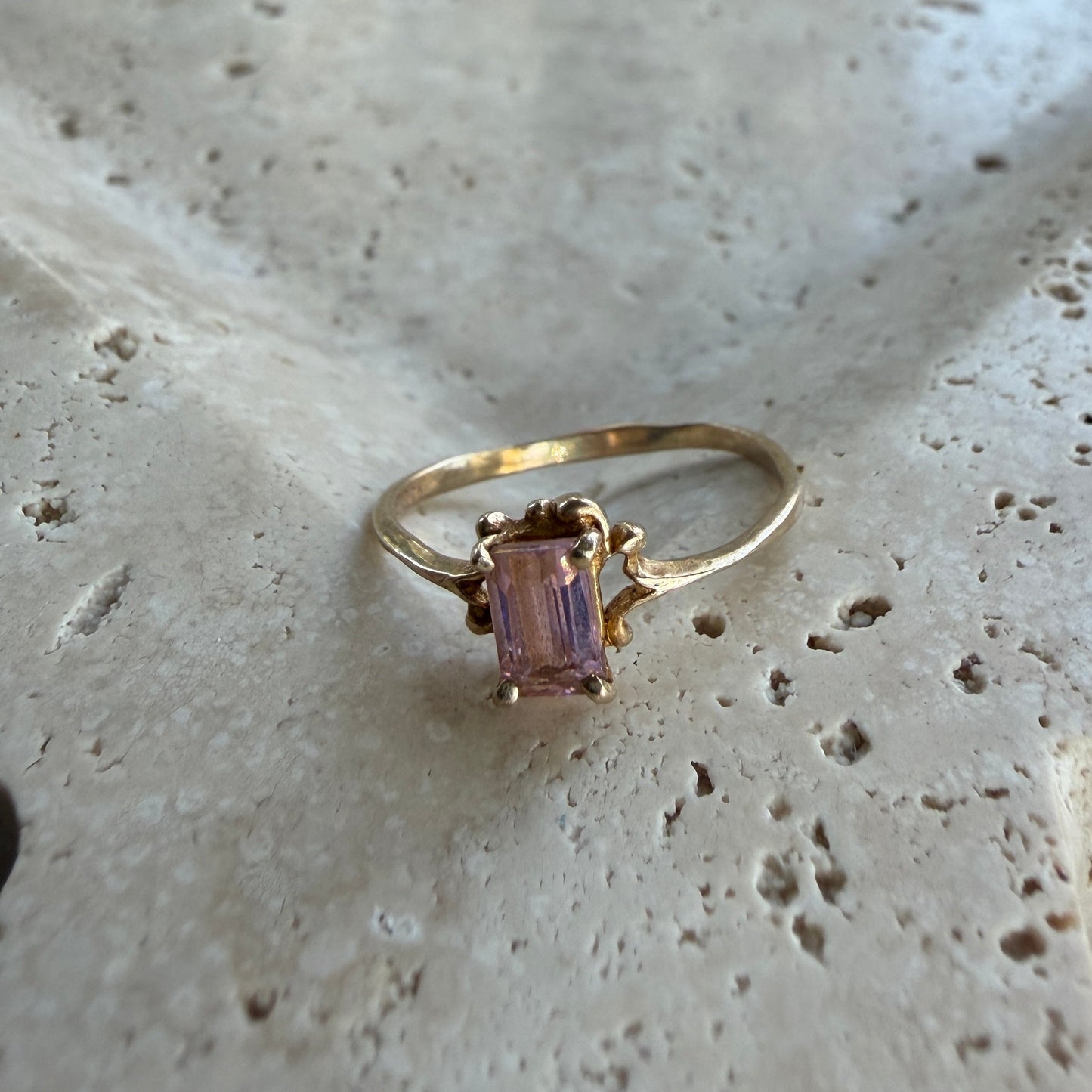 14k Gold Pink Emerald Filigree Ring