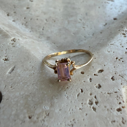 14k Gold Pink Emerald Filigree Ring