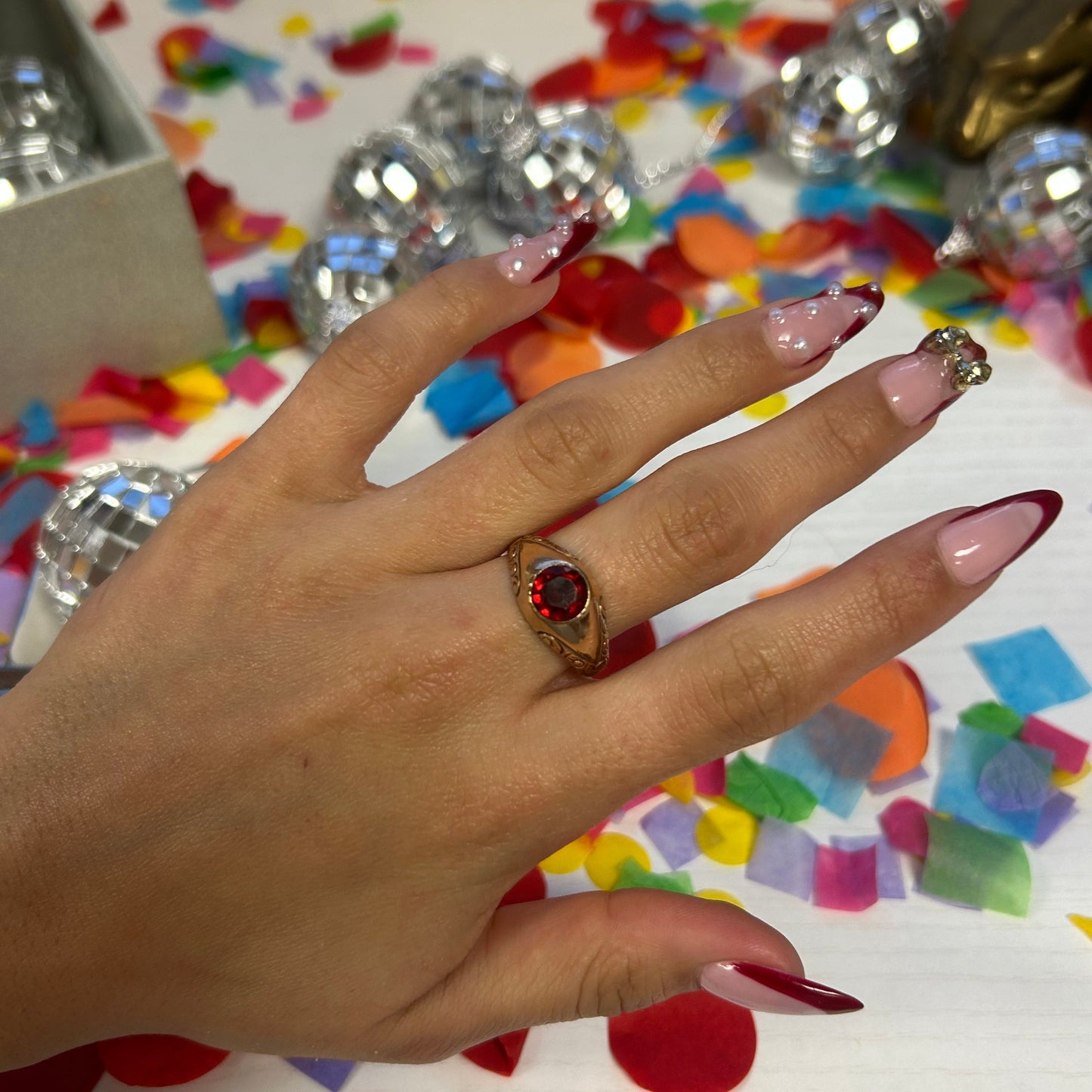 Gold-tone Garnet Dome Signet Ring