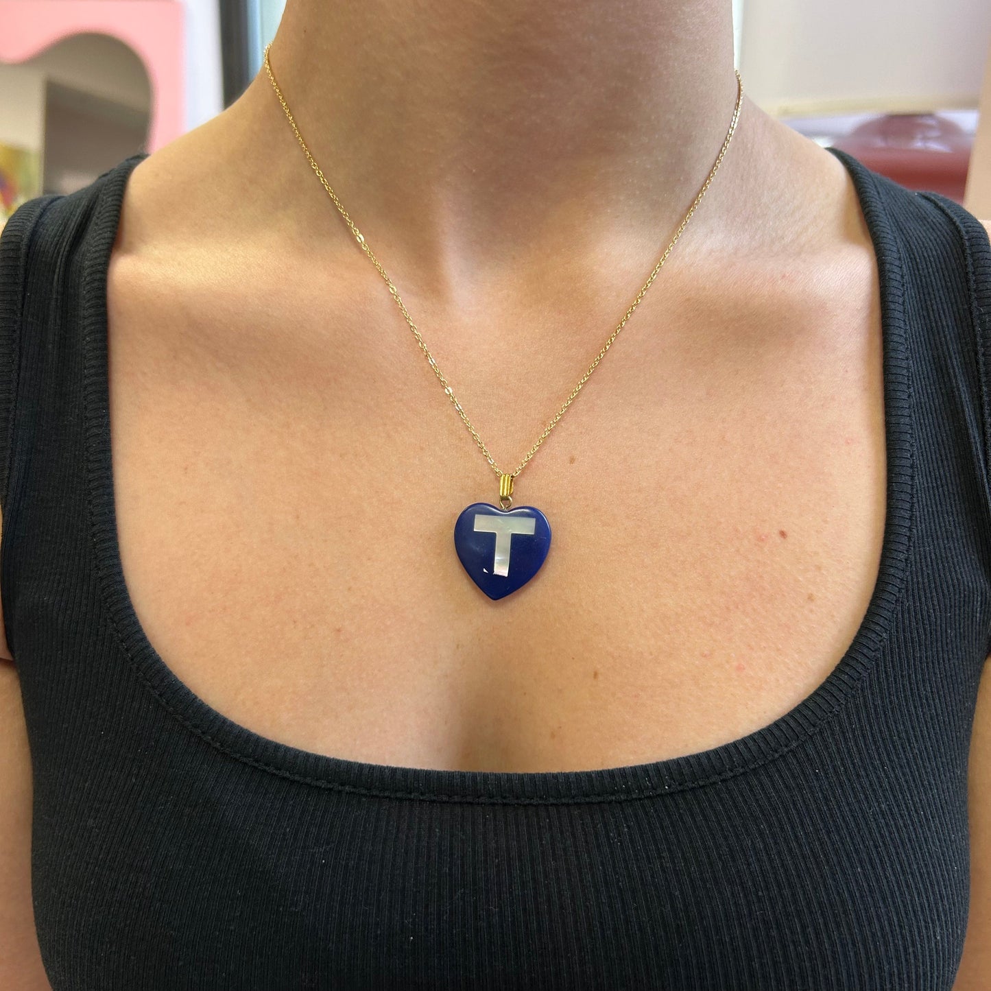 Blue Varsity Letter T Pendant Necklace