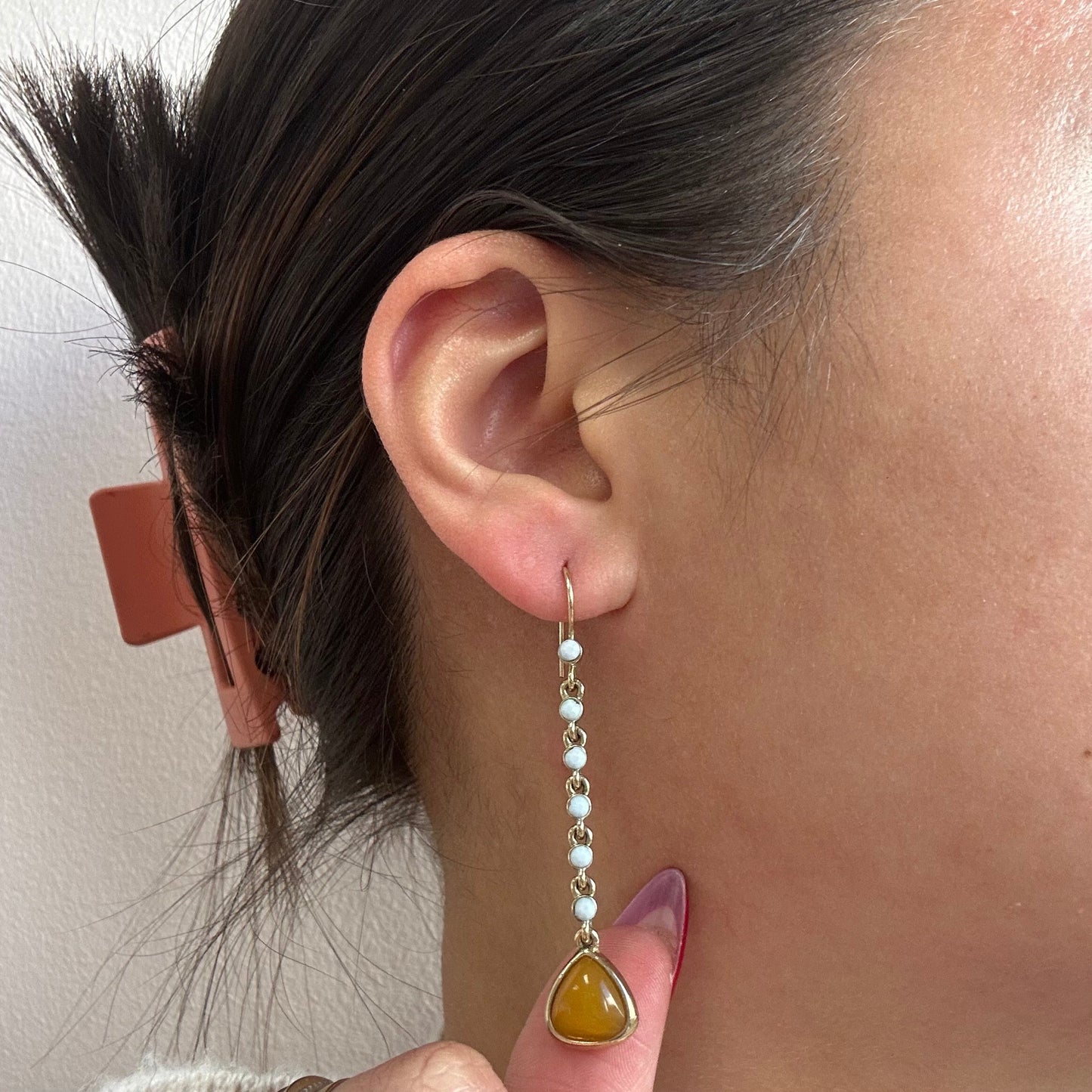 Amber Stone Pearl Drop Earrings