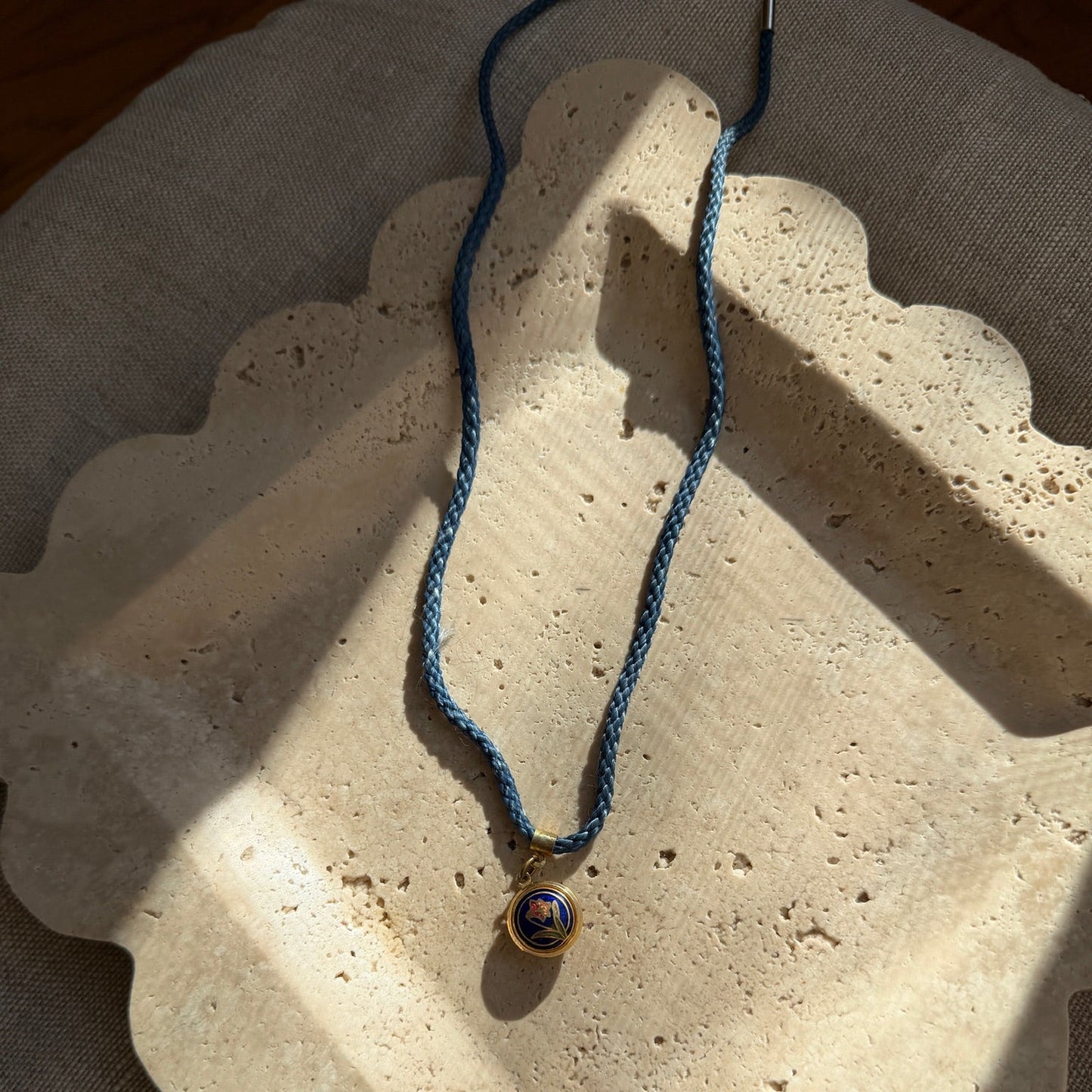 Cloissone Circle Locket Navy Rope Necklace