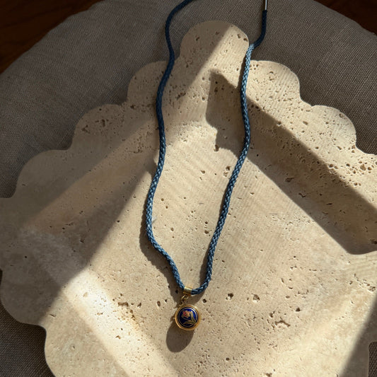 Cloissone Circle Locket Navy Rope Necklace