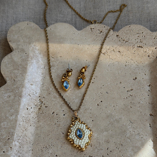 Pearl & Blue Stone Earring & Necklace Set