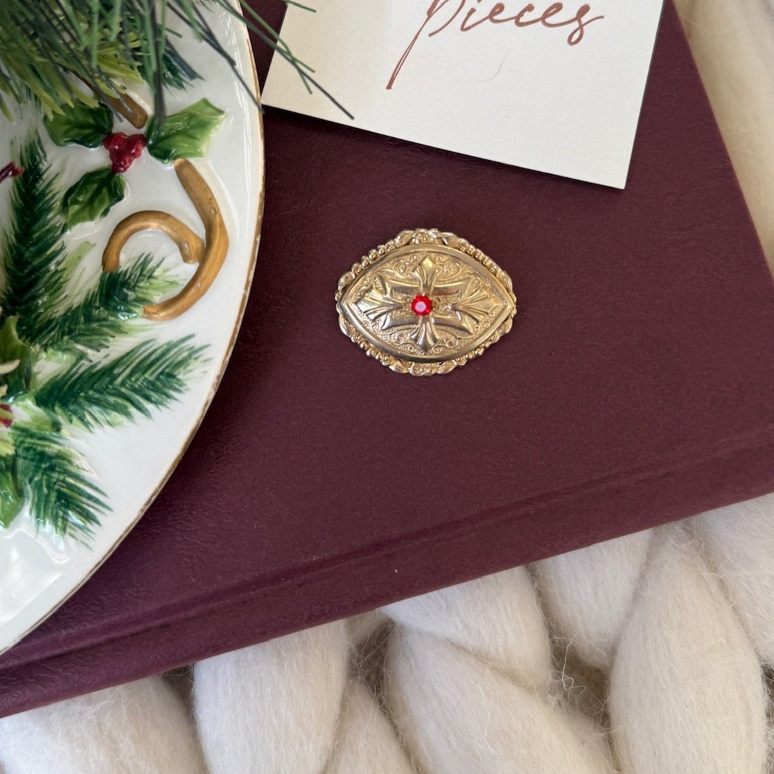 Oval Brooch with Red Gem